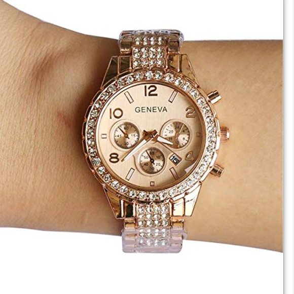 Rose Gld Floating Crystal Calendar Geneva SS Watch - Picture 6 of 8